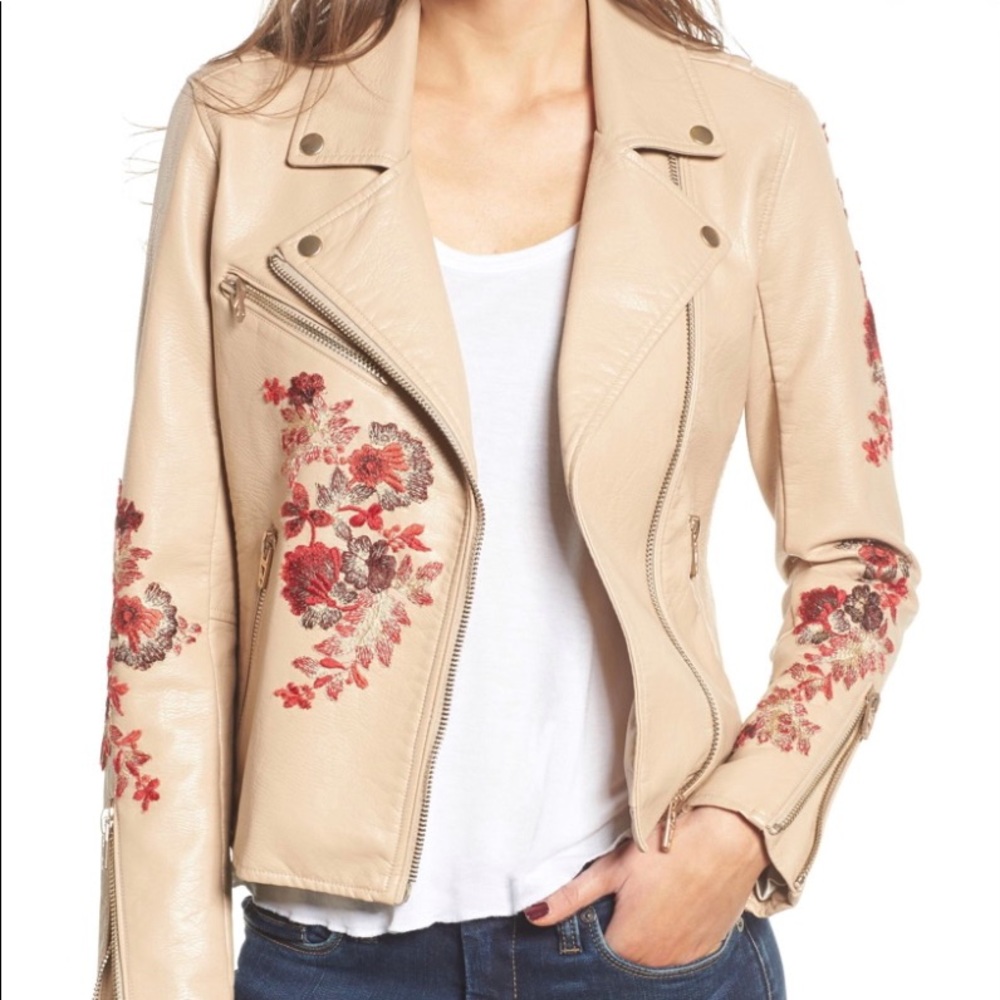 New BLANK NYC Moto Jacket Floral Embroidered Faux Leather Tan Small S
